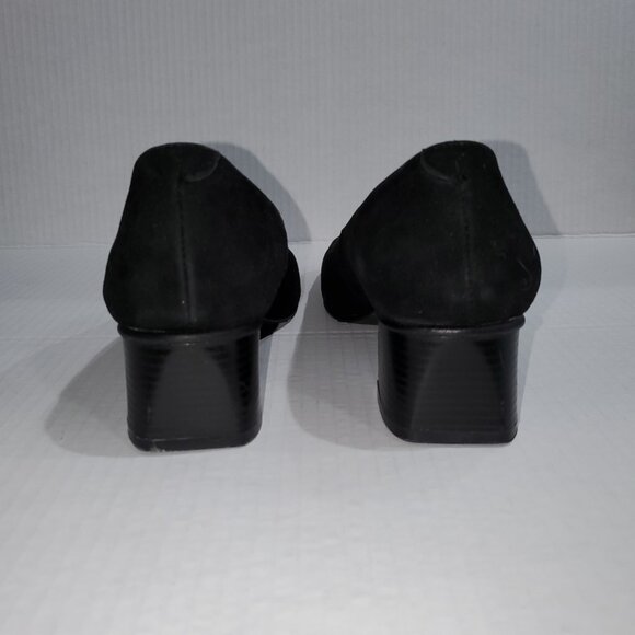 Black Suede Pump w/ Gold Trim, Block Heel, and Square Toe - Picture 8 of 12